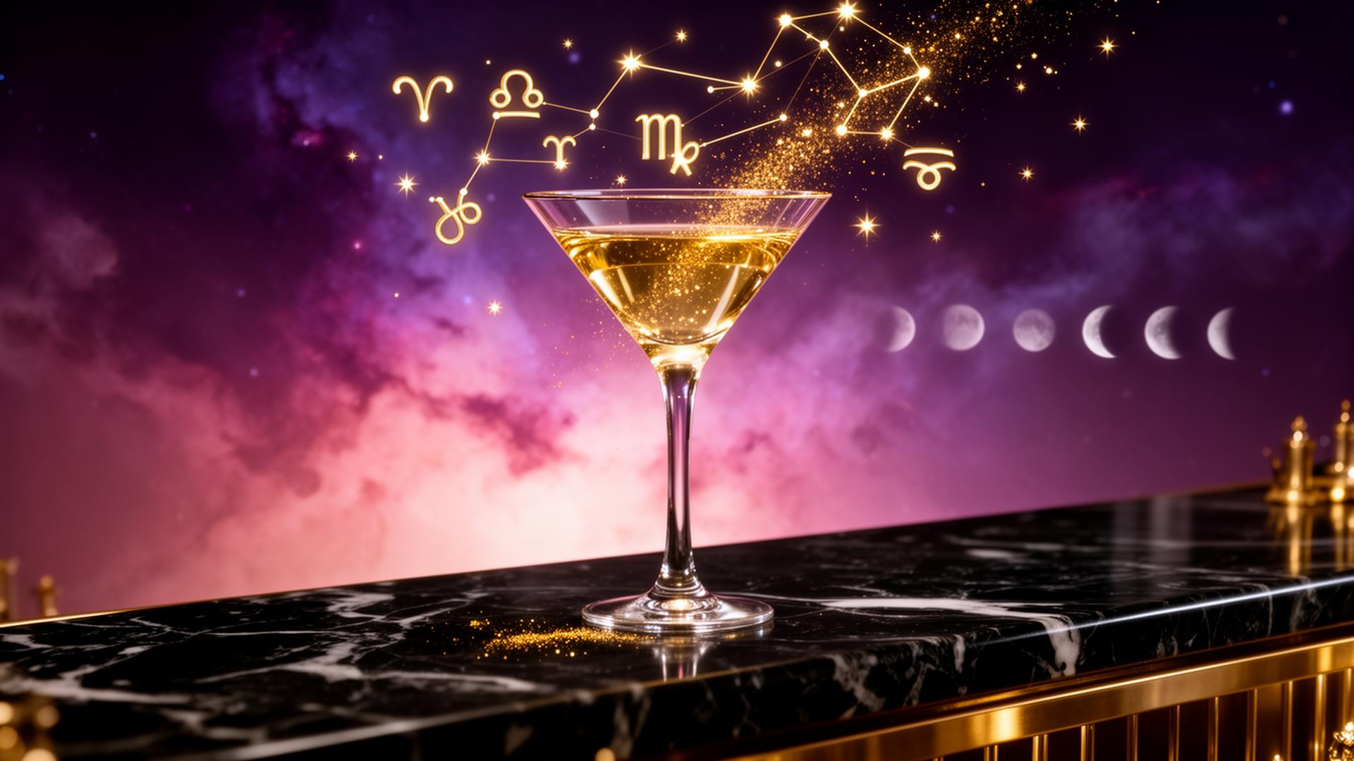 Martini glass with glowing zodiac constellations