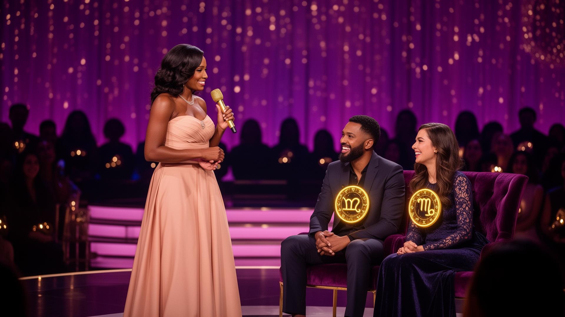 Host Eden Miller on stage with a gold microphone interviewing a guest